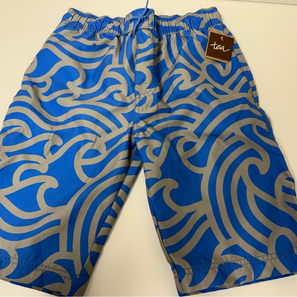 NWT Tea Collection Blue Gray Kids Surfer Wave Pattern Swim Trunks Size 12